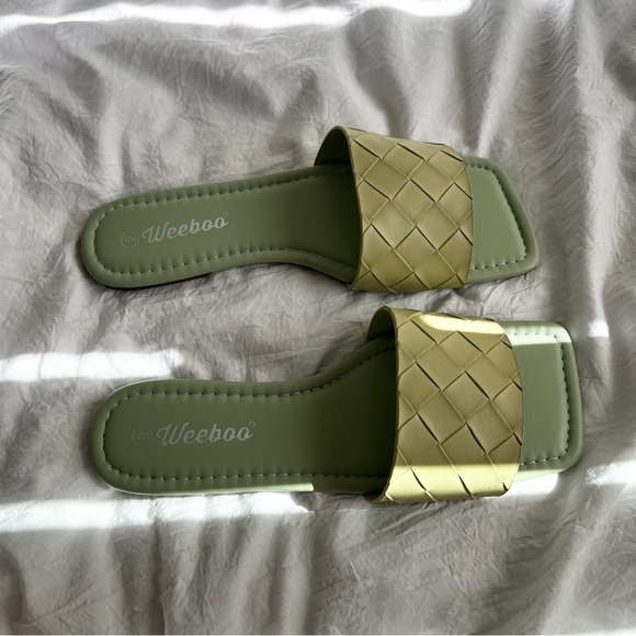 Woven Strap Flat Square Toe Slide Sandals in Sage - Picture 6 of 11